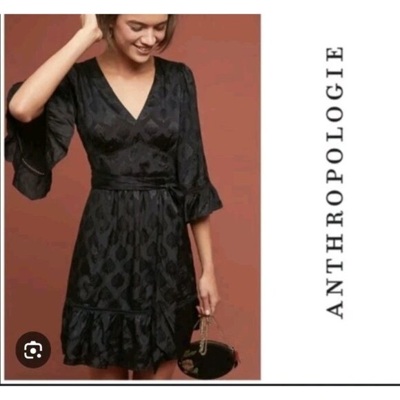 Maeve Christine Dress Women 8 Black Floral Satin Belted Eyelet Lined Whimsigoth - Picture 16 of 16